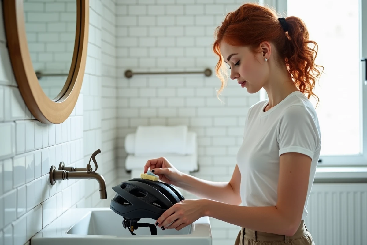 Femme ajoutant des mousses de confort à l'intérieur d'un casque cycliste dans une salle de bain pour améliorer son ajustement