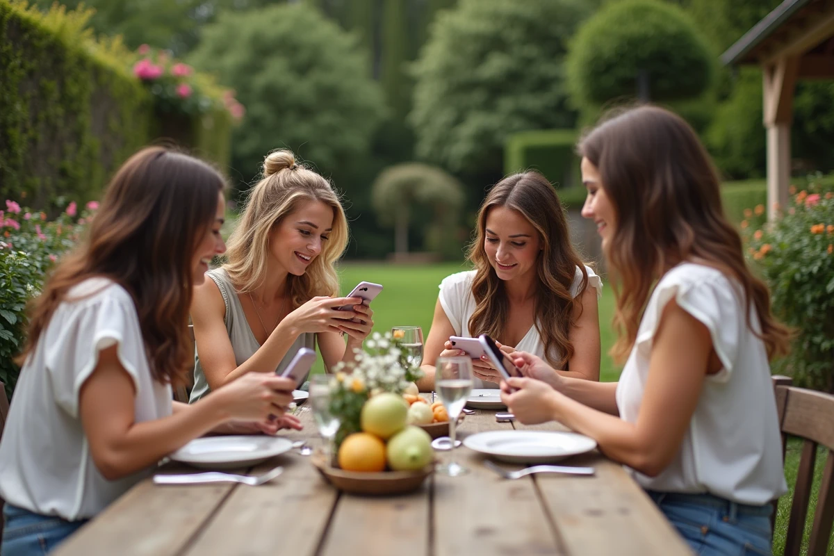 Amis discutant autour d une table en plein air pour mariage