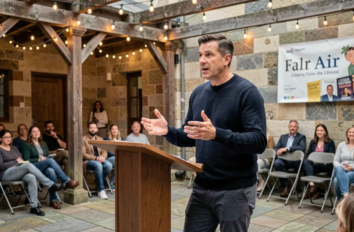 Auteur contemporain prenant la parole lors d'un festival littéraire en plein air