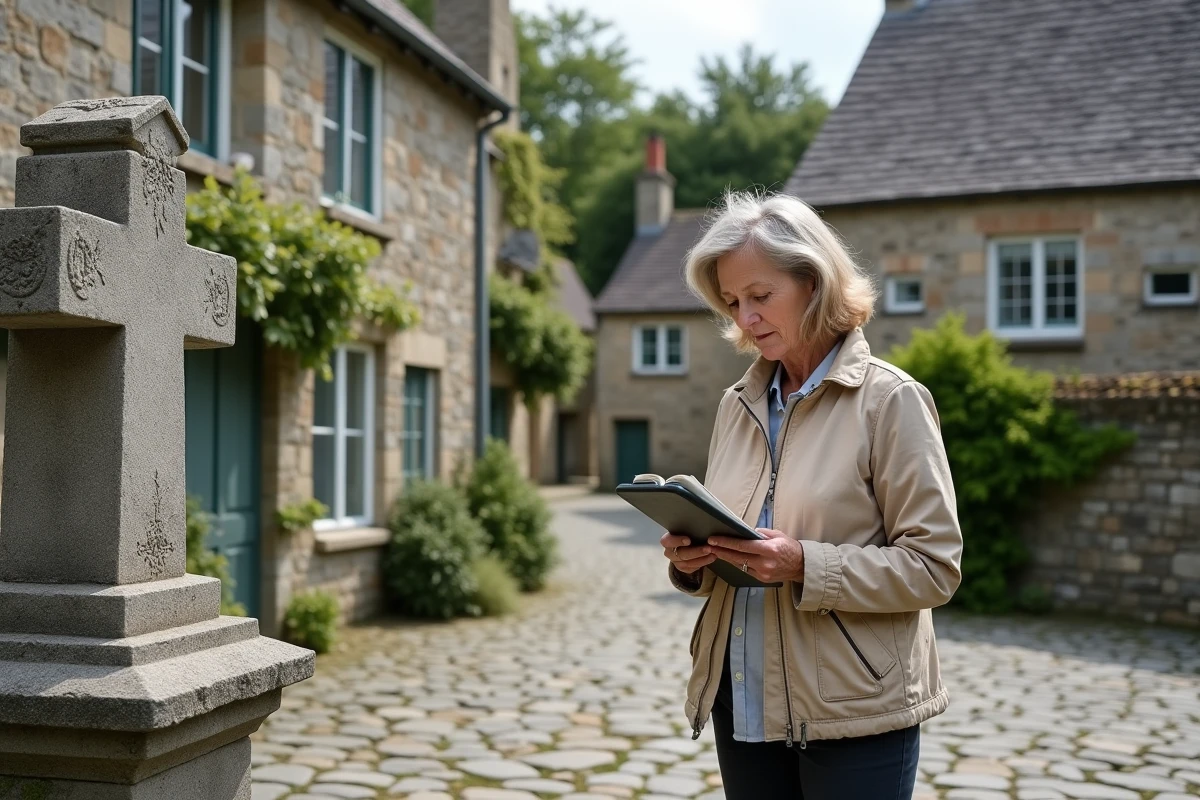 Calvaire en granit breton dans le village de Ploubazlanec avec une femme découvrant le patrimoine historique local