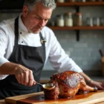 Chef en cuisine préparant un gigot d'agneau rôti