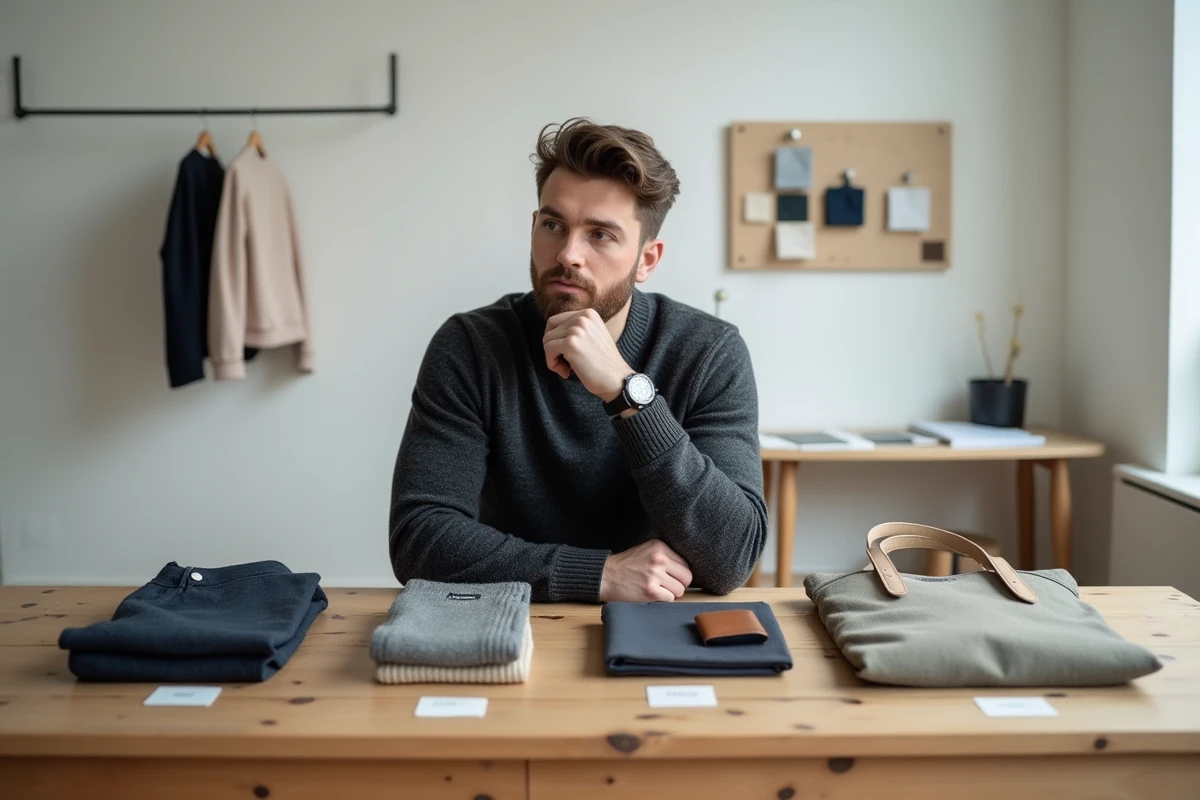 Homme étudiant une disposition de vêtements et d'accessoires de mode sur une table en bois