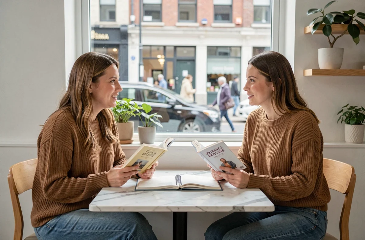 Deux femmes discutant de littérature contemporaine dans un café lors d'un club de lecture