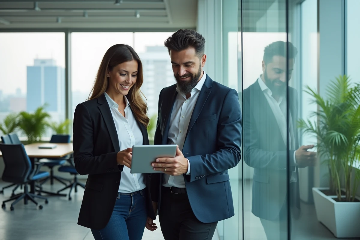 Deux collègues consultant ensemble un portail de recrutement innovant sur une tablette dans un bureau moderne avec vue sur la ville