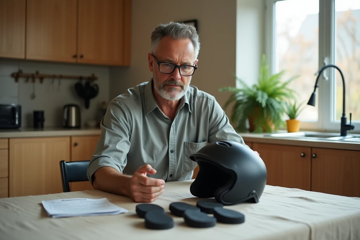 Homme comparant des inserts de mousse pour ajuster un casque de ski trop petit sur une table de cuisine