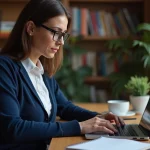 Femme utilisant un portail sécurisé sur son ordinateur portable dans un bureau à domicile