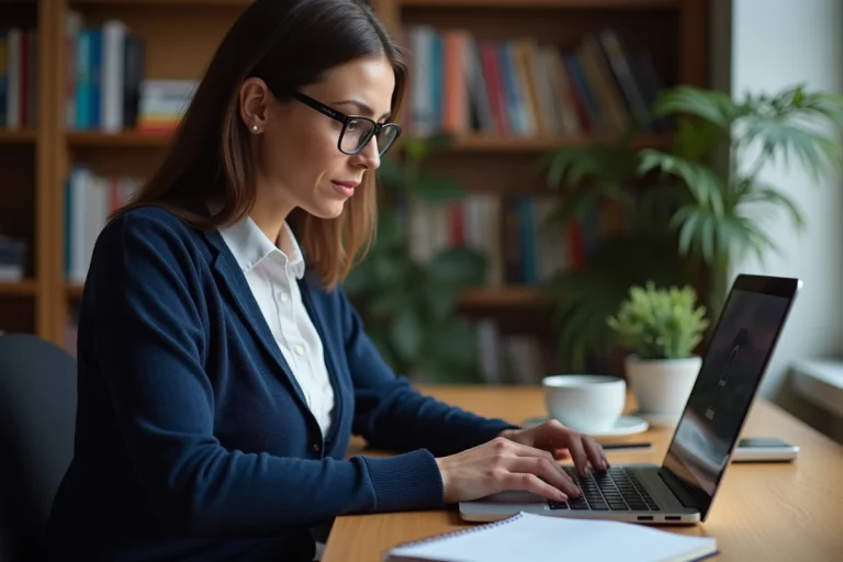 Femme utilisant un portail sécurisé sur son ordinateur portable dans un bureau à domicile