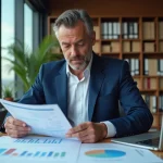 Conseiller fiscal en costume bleu étudiant des documents de prolongation du dispositif Scellier intermédiaire après 9 ans