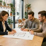 Conseillère immobilière présentant des plans de projet à un couple dans une agence moderne