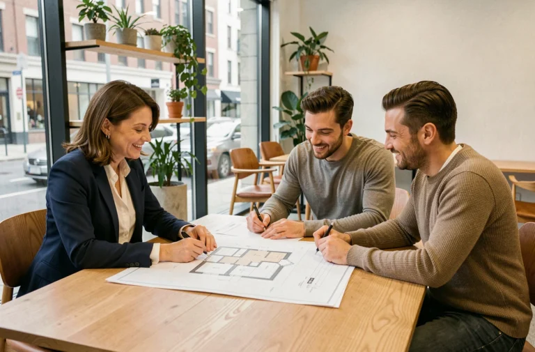 Conseillère immobilière présentant des plans de projet à un couple dans une agence moderne