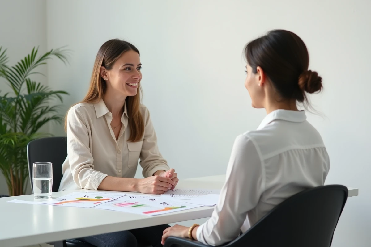 Femme en consultation nutritionnelle avec une diététicienne analysant des tableaux d'IMC et un journal alimentaire pour atteindre une silhouette affûtée et équilibrée