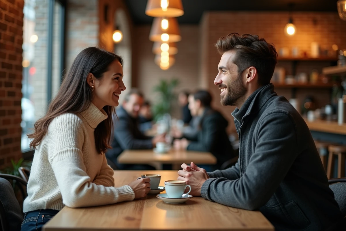 Couple assis dans un café rustique partageant un moment de conversation intime autour d'un café