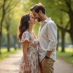 Couple complice dans un parc urbain, partageant un moment de rire authentique en tenue décontractée élégante