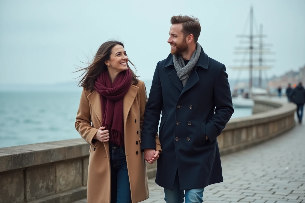 Couple main dans la main se promenant sur une promenade côtière pavée en automne avec vue sur la mer