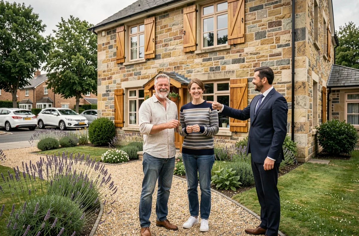 Couple recevant les clés de leur maison avec un agent immobilier devant une propriété en pierre