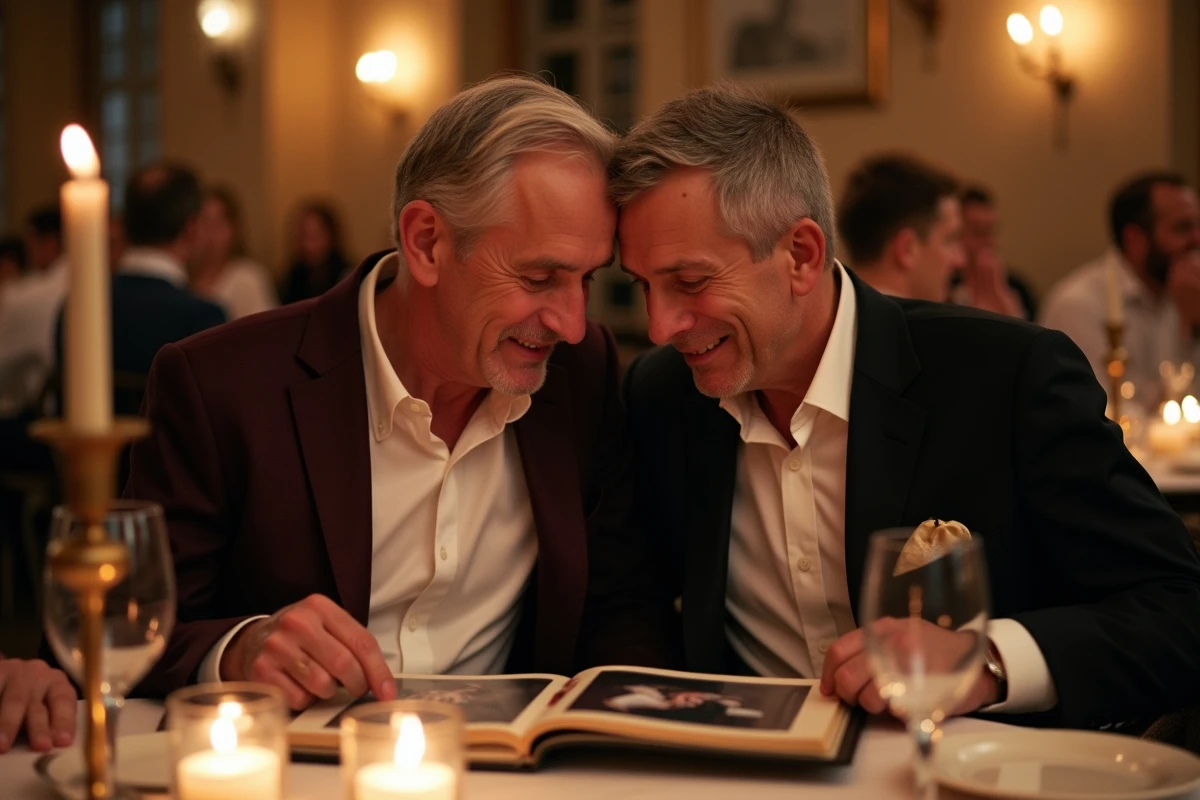 Deux hommes mariés assis ensemble à une table de dîner de mariage, feuilletant un album photo avec des expressions tendres et nostalgiques dans un restaurant en pierre française
