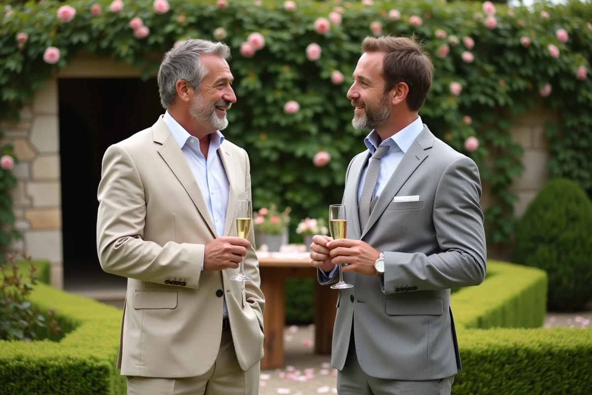 Deux hommes en costume clair dans un jardin français lors de leur réception de mariage, tenant des coupes de champagne et discutant avec des expressions naturelles
