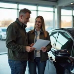 Couple de clients devant une voiture en concession