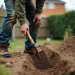 Homme creusant un trou dans un jardin résidentiel avec une pelle ronde, tranchée bien définie et terre meuble empilée sur le côté