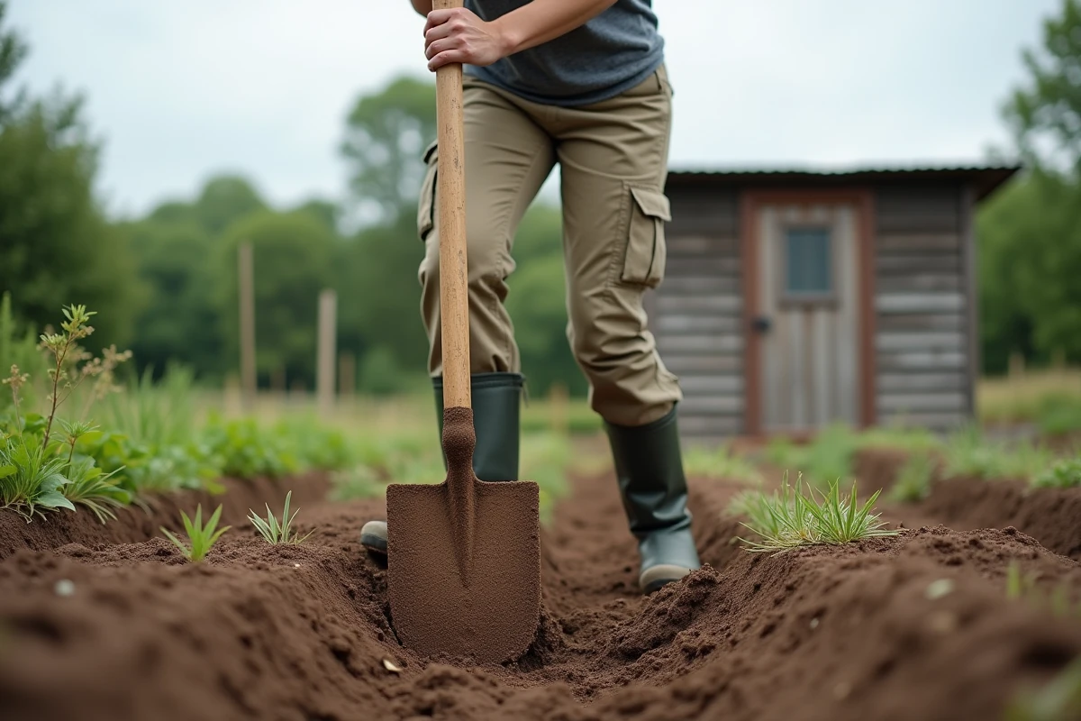 Femme en pause pendant le creusage d'un trou profond dans un potager avec une bêche plate, sol argileux et abri de jardin en arrière-plan
