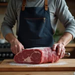 Homme découpant un rôti de bœuf congelé sur une planche en bois dans une cuisine domestique avec un couteau de boucher