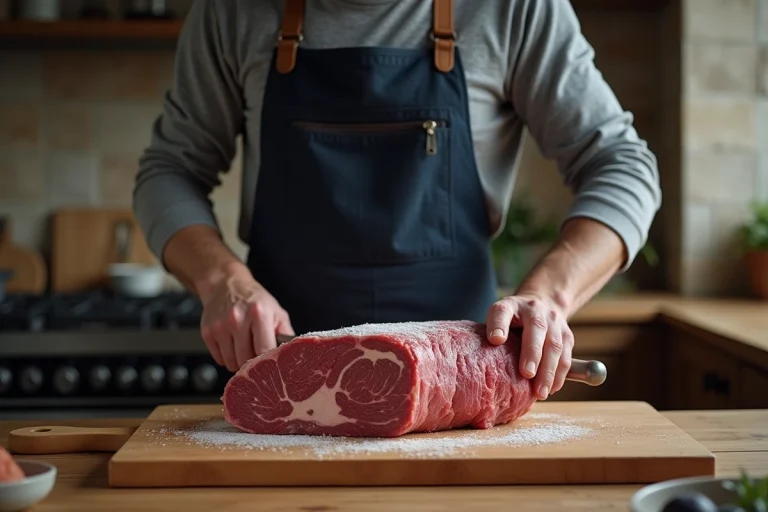 Homme découpant un rôti de bœuf congelé sur une planche en bois dans une cuisine domestique avec un couteau de boucher