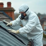 Ouvrier en combinaison de protection blanche effectuant le désamiantage d'une toiture en fibrociment sur une maison résidentielle
