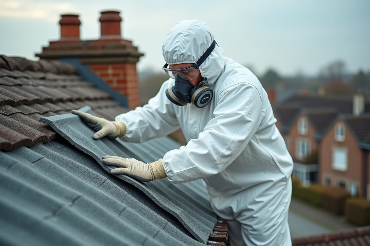 Ouvrier en combinaison de protection blanche effectuant le désamiantage d'une toiture en fibrociment sur une maison résidentielle
