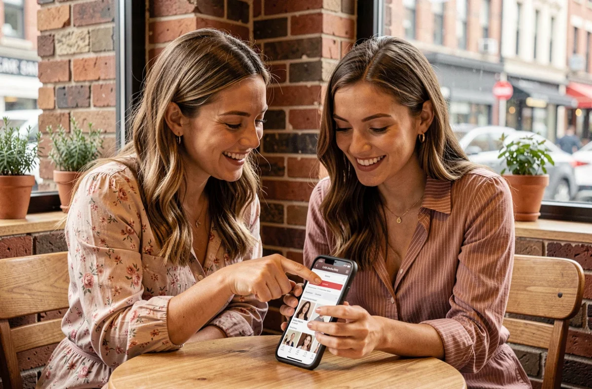 Deux femmes découvrant ensemble les rubriques d'un site de beauté sur smartphone dans un café