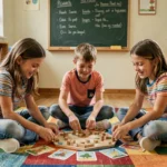 Trois élèves d'école primaire jouant à un jeu de société éducatif sur un tapis coloré en classe