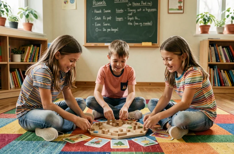 Trois élèves d'école primaire jouant à un jeu de société éducatif sur un tapis coloré en classe