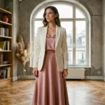 Influenceuse mode Ellybeth en blazer ivoire et jupe midi rose dans un appartement parisien minimaliste, posant avec assurance pour illustrer la féminité contemporaine