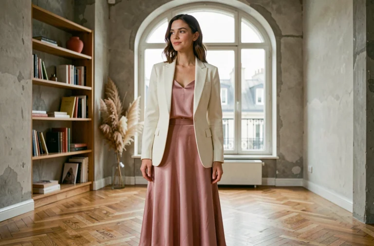 Influenceuse mode Ellybeth en blazer ivoire et jupe midi rose dans un appartement parisien minimaliste, posant avec assurance pour illustrer la féminité contemporaine
