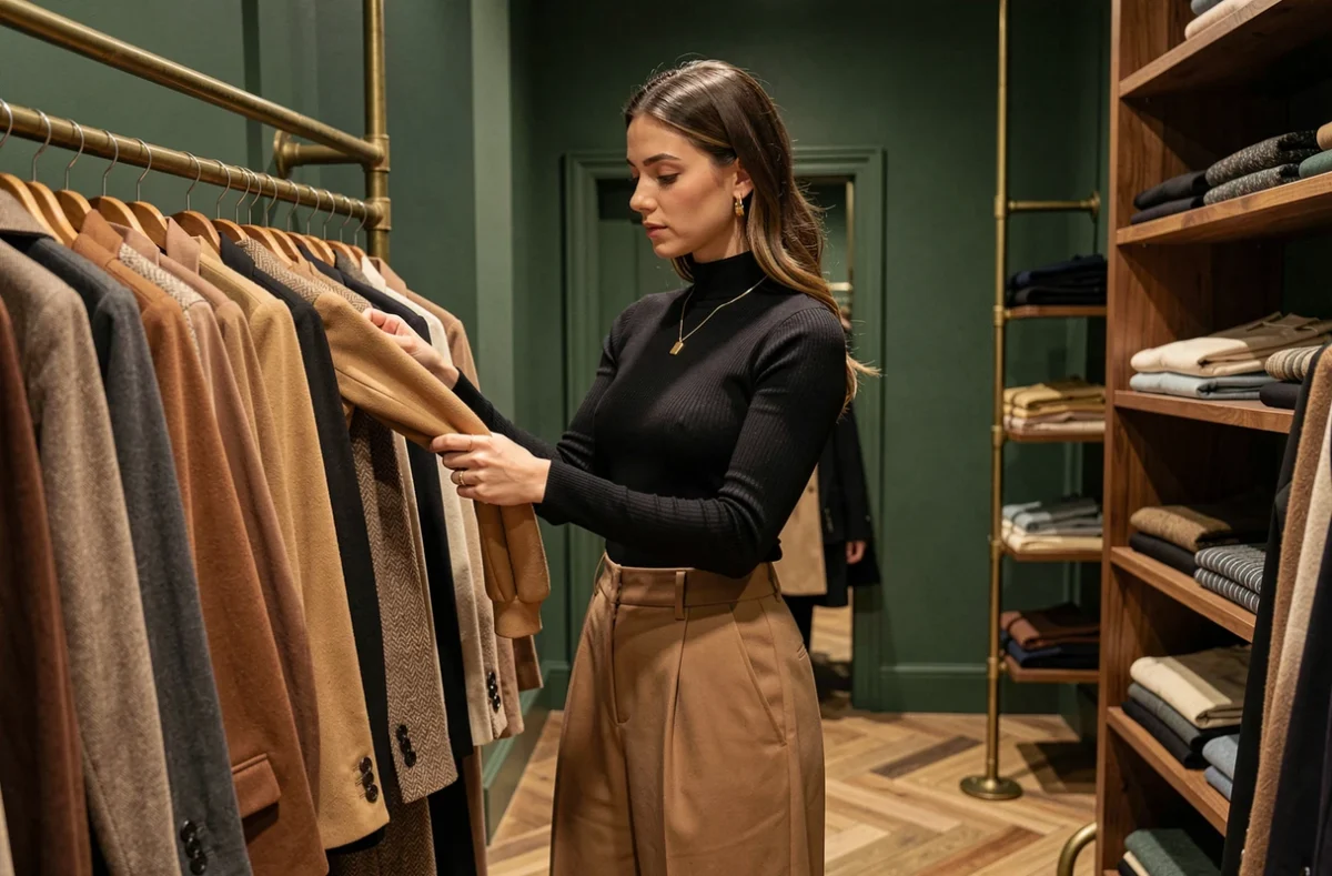 Ellybeth, influenceuse mode, inspectant des vêtements dans une boutique concept tendance, illustrant son rapport personnel aux codes vestimentaires et à la féminité