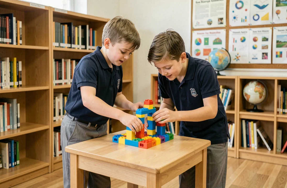 Deux garçons construisent une structure avec des blocs colorés dans une bibliothèque scolaire
