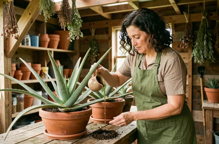 Femme versant de l'engrais naturel liquide sur un aloe vera dans un atelier de jardinage rustique