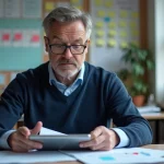 Professeur homme en bureau moderne avec papiers et tablette