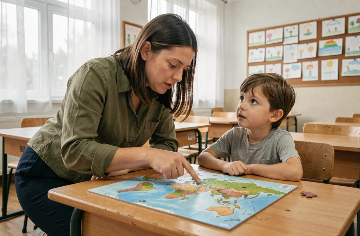 Une enseignante et son élève explorent ensemble un puzzle carte du monde sur un bureau en bois