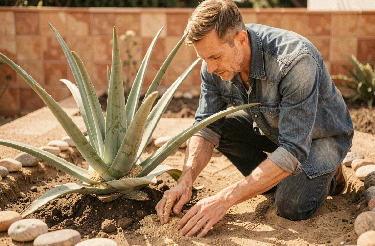Homme épandant de l'engrais organique granulaire autour d'un aloe vera planté en pleine terre dans un jardin méditerranéen