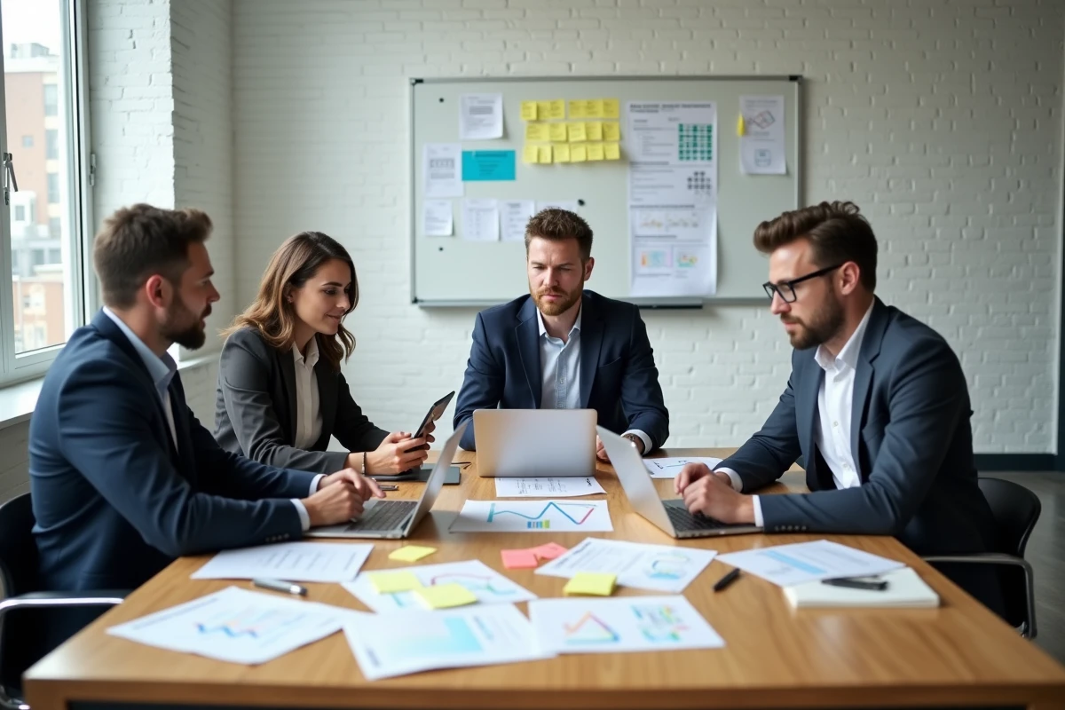 Équipe professionnelle en atelier de stratégie digitale autour d'une table avec ordinateurs et tablettes dans un espace de coworking