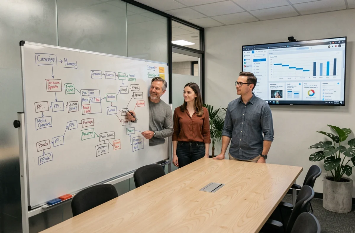 Équipe marketing diversifiée collaborant sur un tableau blanc avec schémas de stratégie digitale et indicateurs de performance