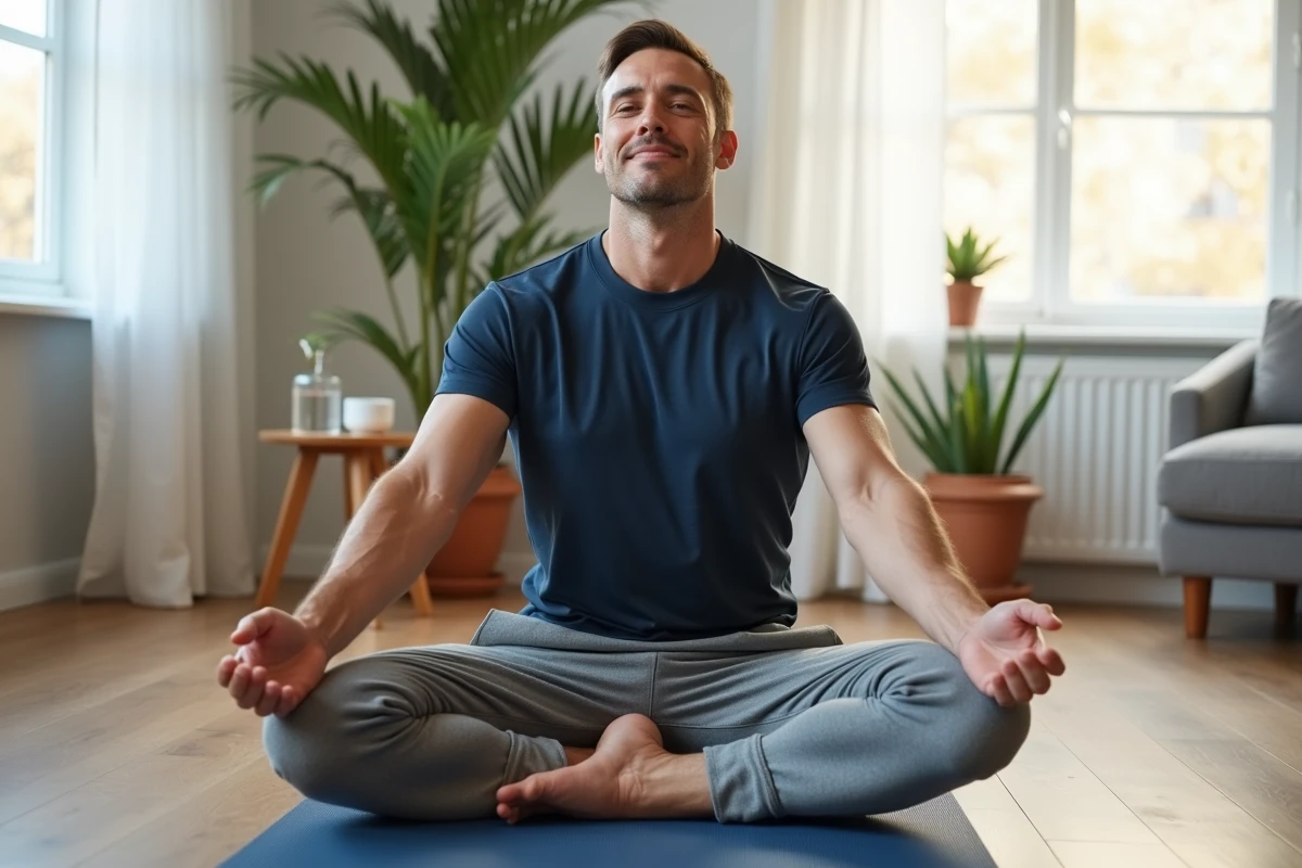 Homme pratiquant des étirements matinaux sur un tapis de yoga dans un salon minimaliste pour son bien-être quotidien