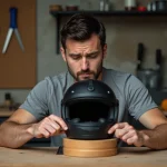 Homme qui étire un casque trop petit sur un bloc en bois dans un atelier de garage pour augmenter son confort