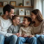 Famille de quatre discutant dans le salon chaleureux