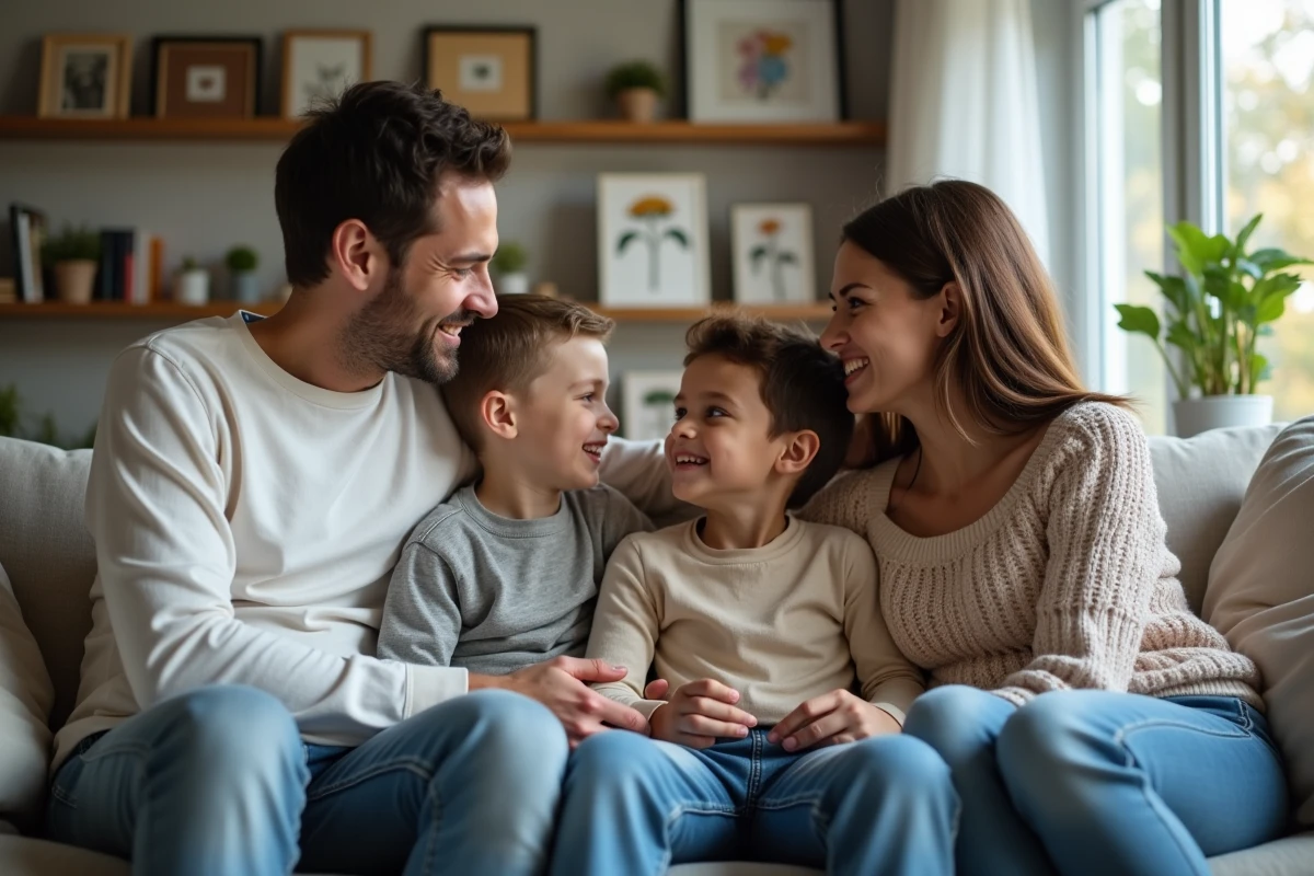 Famille de quatre discutant dans le salon chaleureux