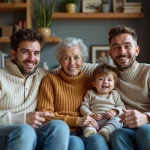 Famille multigenerations souriante dans un salon chaleureux