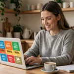 Femme cherchant des bons plans et promotions en ligne sur son ordinateur portable dans une cuisine moderne