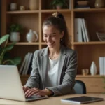 Jeune femme au bureau à domicile en blazer et jeans