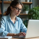 Jeune femme au bureau avec ordinateur portable et notes