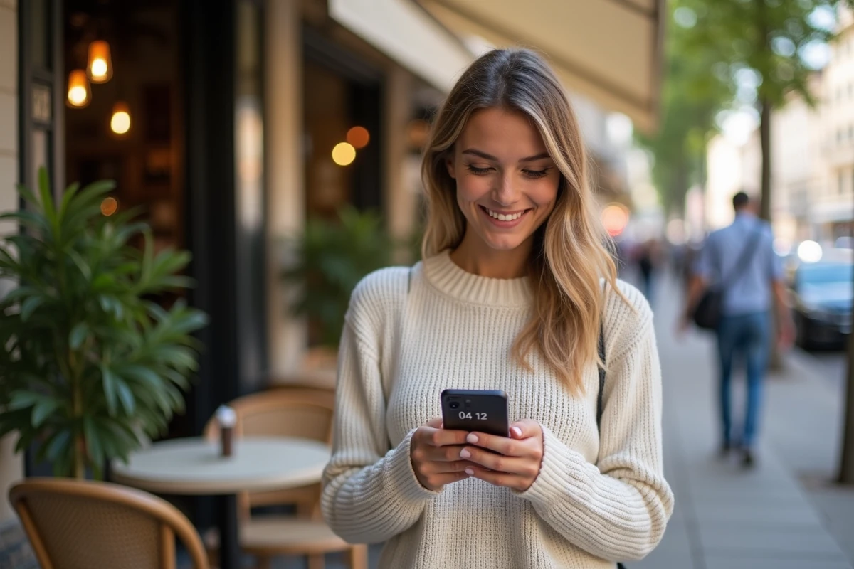 Jeune femme française souriante au café en extérieur
